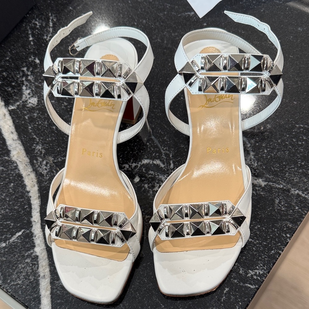Christian Louboutin White Studded Ankle-Strap Heels with Silver Pyramid Trim